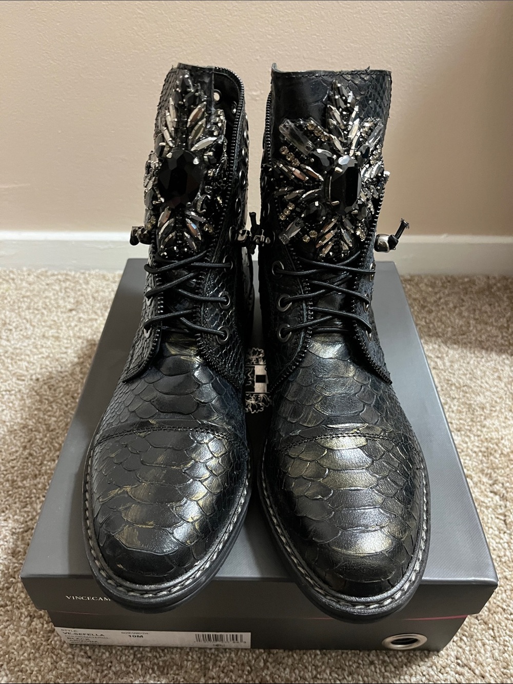 Black Embellished women’s  Lace-Up Combat Boots by Vince Camilo